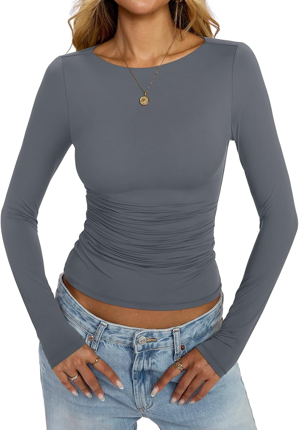 EasyGala Womens Boat Neck Long Sleeve Shirts Ruched Double Lined Top Fitted Basic Tight Tee Spring Fall Clothes 2025