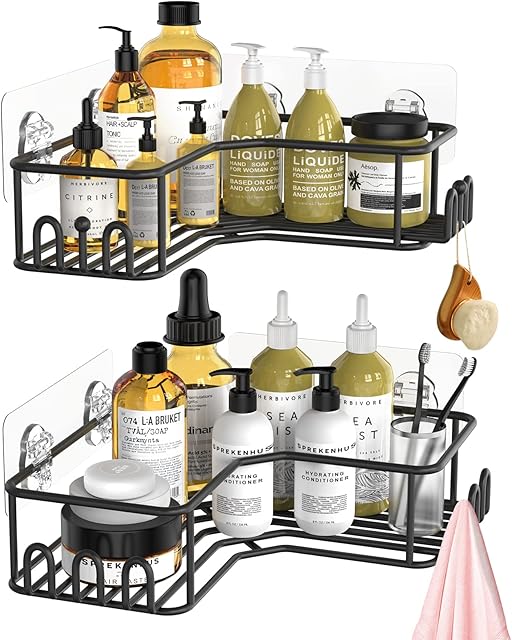 Corner Shower Shelf, Cosicosy Adhesive Bathroom Corner Shelf with 12 Built-in Hooks, Wall Mounted Corner Kitchen Shelf Shower Caddy Bathroom Accessories Storage Organizer No Drilling - 2 Pack, Black