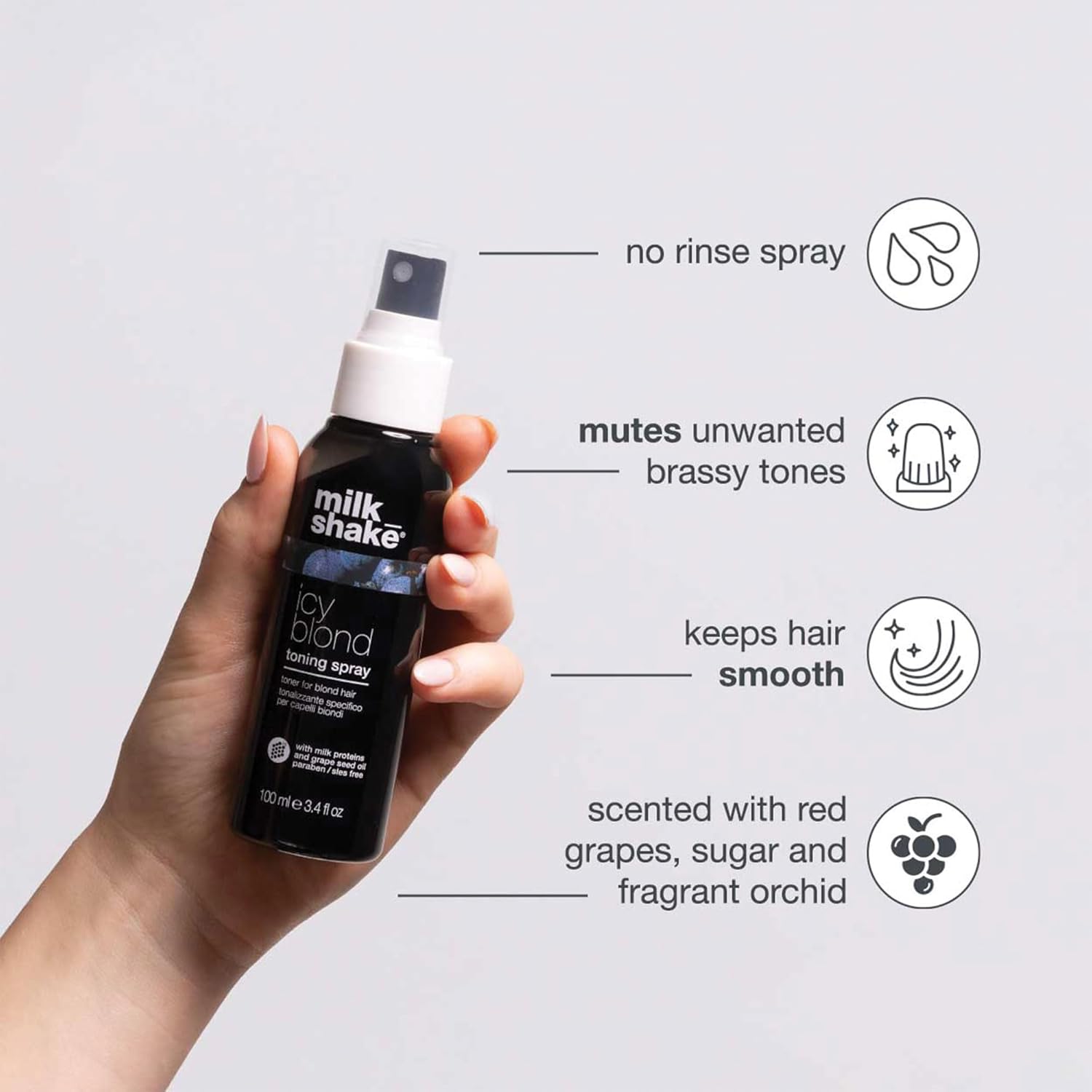 milk_shake icy blond toning spray | leave-in toner with black pigment to cool brass and refresh icy tones in platinum blonde hair | adds softness, shine, and detangling | 3.4 fl oz
