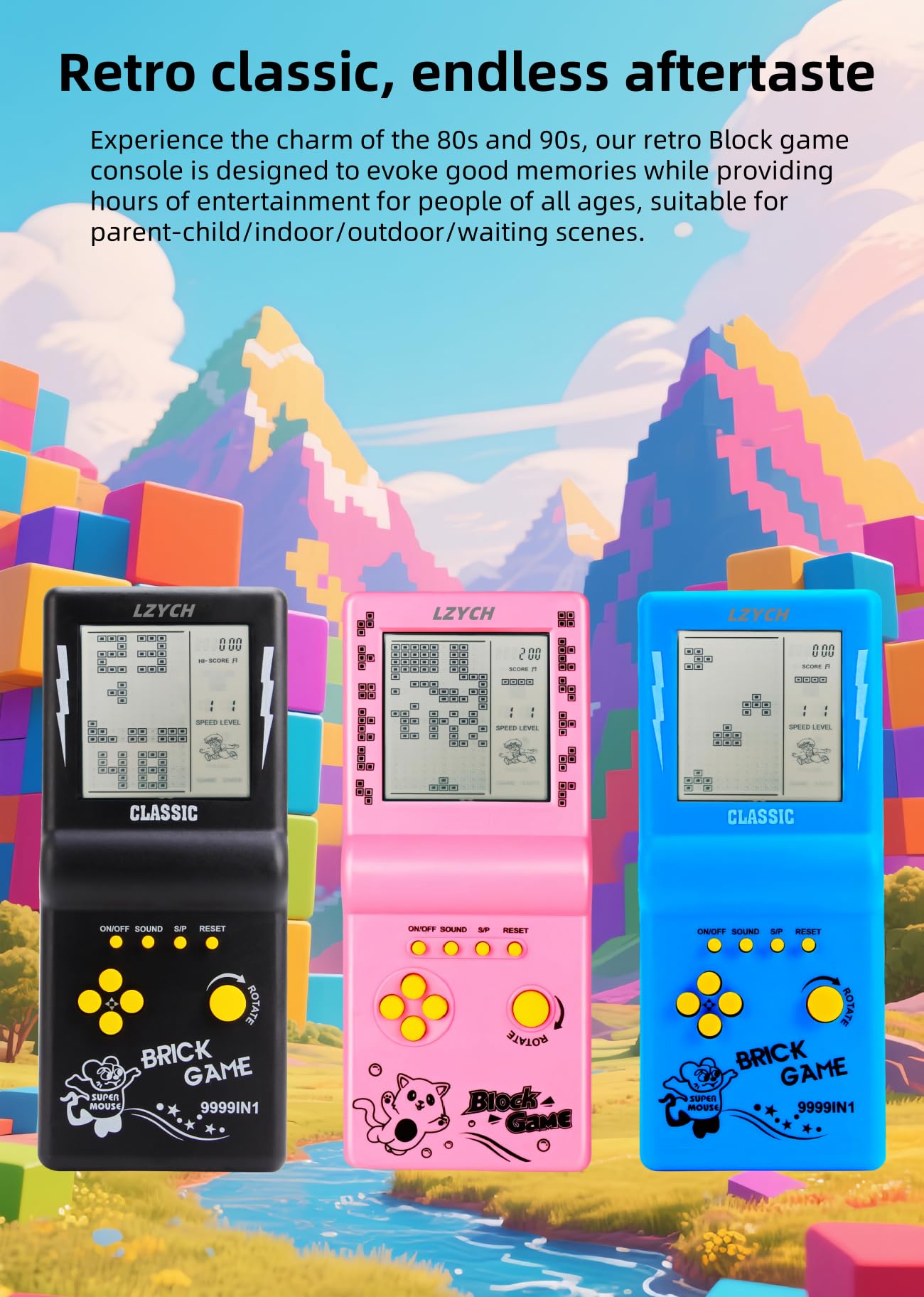 Console di Gioco in Mattoni 23 Gioco retrò Blocchi/Corse/Carri Armati Difficoltà Regolabile 2 Batterie AA Alimentate Bambini/Studenti Compleanno/Regalo di Natale Giocattolo Puzzle (Rosa)