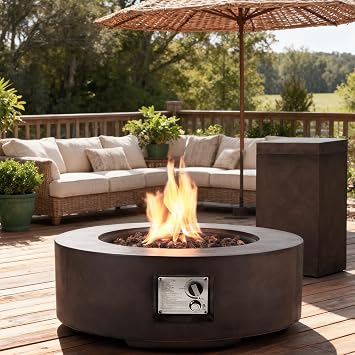 30" Outdoor Propane Fire Pit Table Round Gas Firepit Table with Tank Holder | 50,000 BTU 2 in 1 Low Profile Firepit Table for Outside, Patio & Backyard with Lid, Lava Rocks & Cover, CSA Certified, Brown