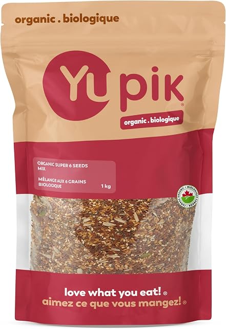 Yupik Organic Super 6 Mélange de graines, Snack sain, citrouille, tournesol, lin brun, line dorée, sésame, chia, 1Kg