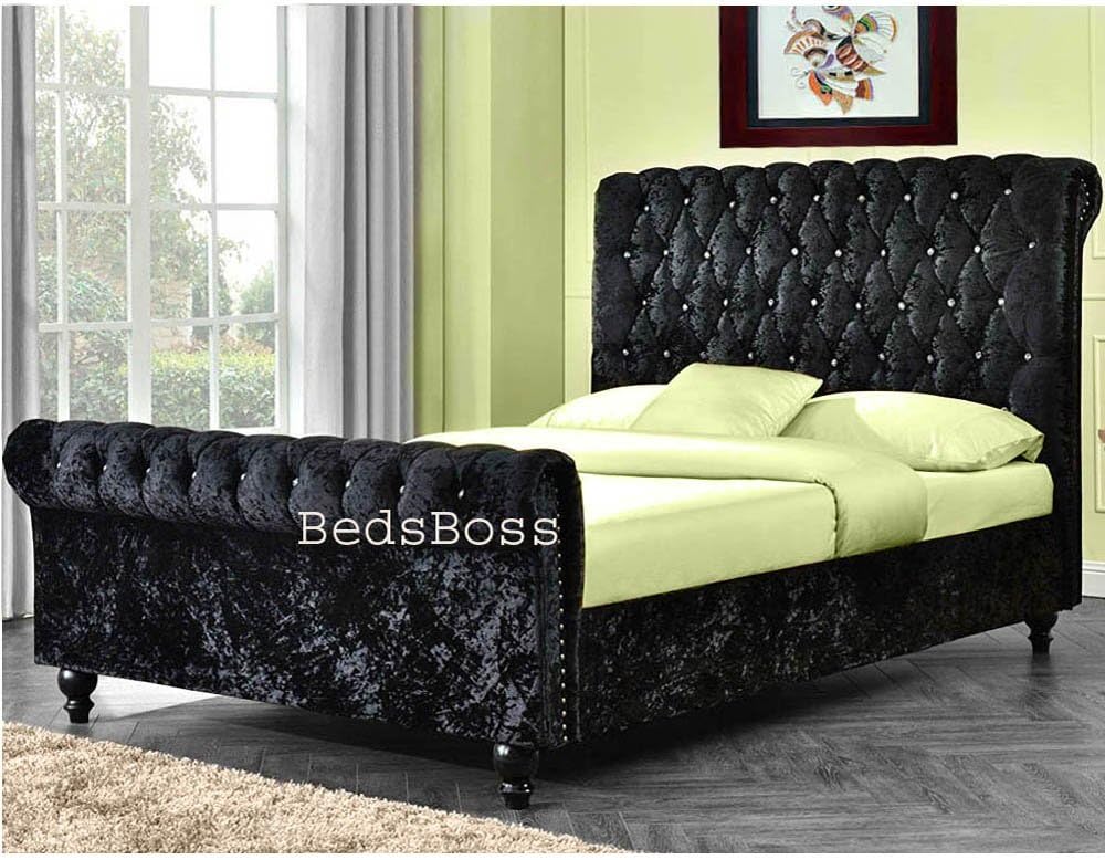 BedsBoss New Stunning Crushed Velvet Fabric Luxurious Quality Upholstered Chesterfield Deluxe Sleigh Bed Frame 6 Ft (Super King Size, Black Velvet)