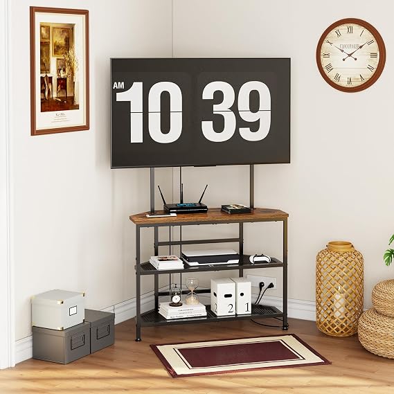 23 to 60 Floor Corner TV Stand For Bedroom With Mount, Universal Corner TV Desk Table With Storage Shelves For Bedroom Small Space,Rustic Television Stands Desk,Heavy Duty Structure,Adjustable Feet