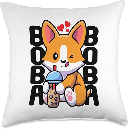Adorable Corgi Doggy Furry Mammals Pedigree Canine Kawaii Boba Dog Corgi Drink Lindo Anime Bubble Tea - Almohada de corazón 18 x 18 pulgadas