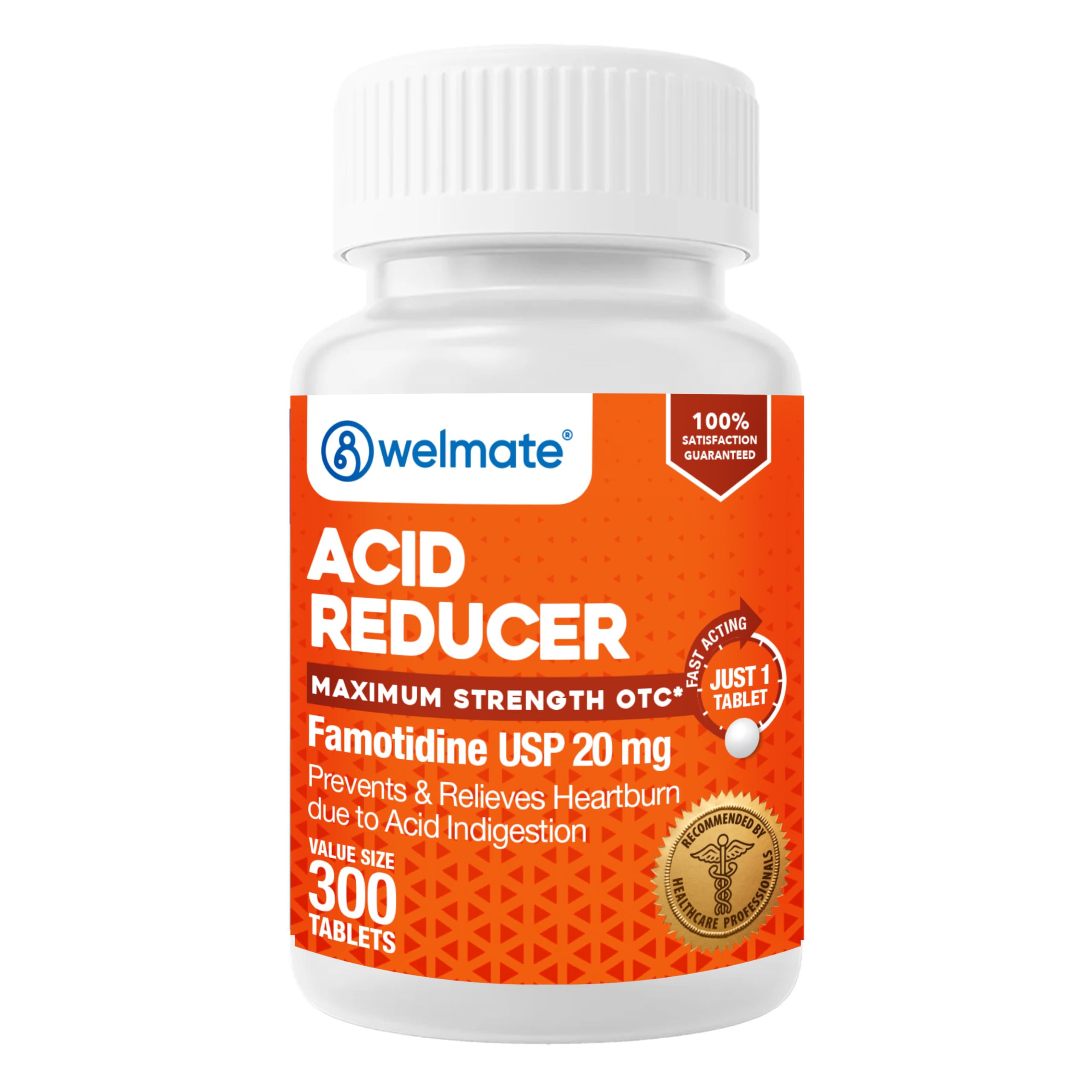 WELMATE - Famotidine Acid Reducer, 20mg - Maximum Strength - Heartburn Relief - Acid Indigestion - Stomach Relief - Works in 15 Minutes, 12 Hour Relief - Generic Medication - Value Size - 300 Tablets[Amazon-developed Certification] Compact by Design