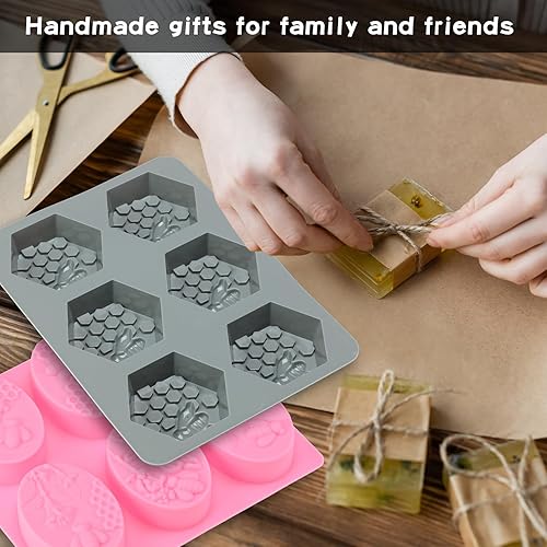 Miniatura 6 de 4 moldes de silicona para jabón de 6 cavidades, patrones mixtos, molde de silicona de abeja 3D, molde hexagonal de panal de abeja, molde de jabón de