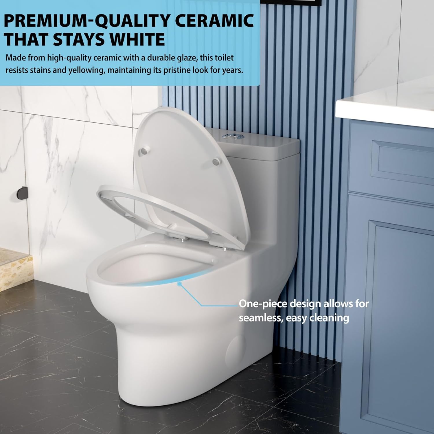 Kichae One Piece Toilet, Dual Flush 1.1/1.6 GPF Elongated Toilet with Comfortable Seat Height, Powerful & Quiet Modern Standard Toilet for Bathroom, 12" Rough-In