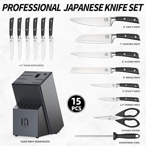 Miniatura 6 de Juego de cuchillos de cocina de alta calidad, 15 piezas con bloque, juego de cuchillos afilados de acero inoxidable japonés de alto carbono, juego
