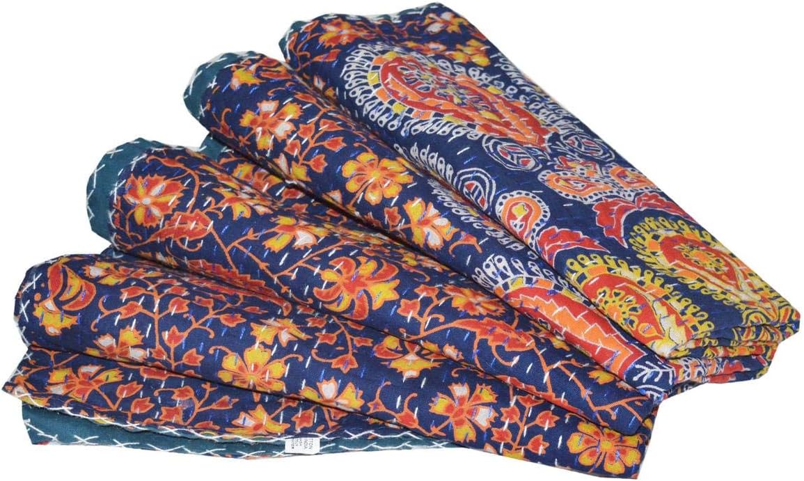 Blue Peacock Mandala Tapestry Throw Blanket Queen Bedspread Indian Kantha Embroidered Quilt 80x90 Inch, Blue