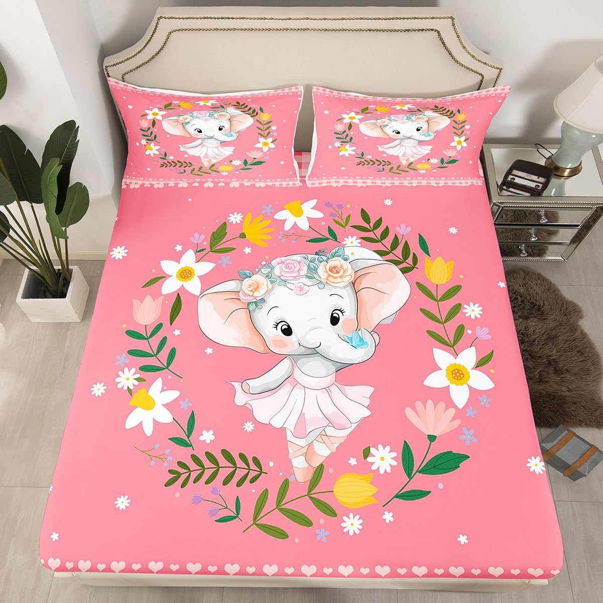 Erosebridal Kawaii Animal Bed Sheets Cute Pug Fitted Sheet Queen Size, Dog Puppy Sheets Pink Lattice Bedding, Rainbow Floral Bed Cover Romantic Love Print Room Decor for Dog Lovers Gifts (Deep Pocket)