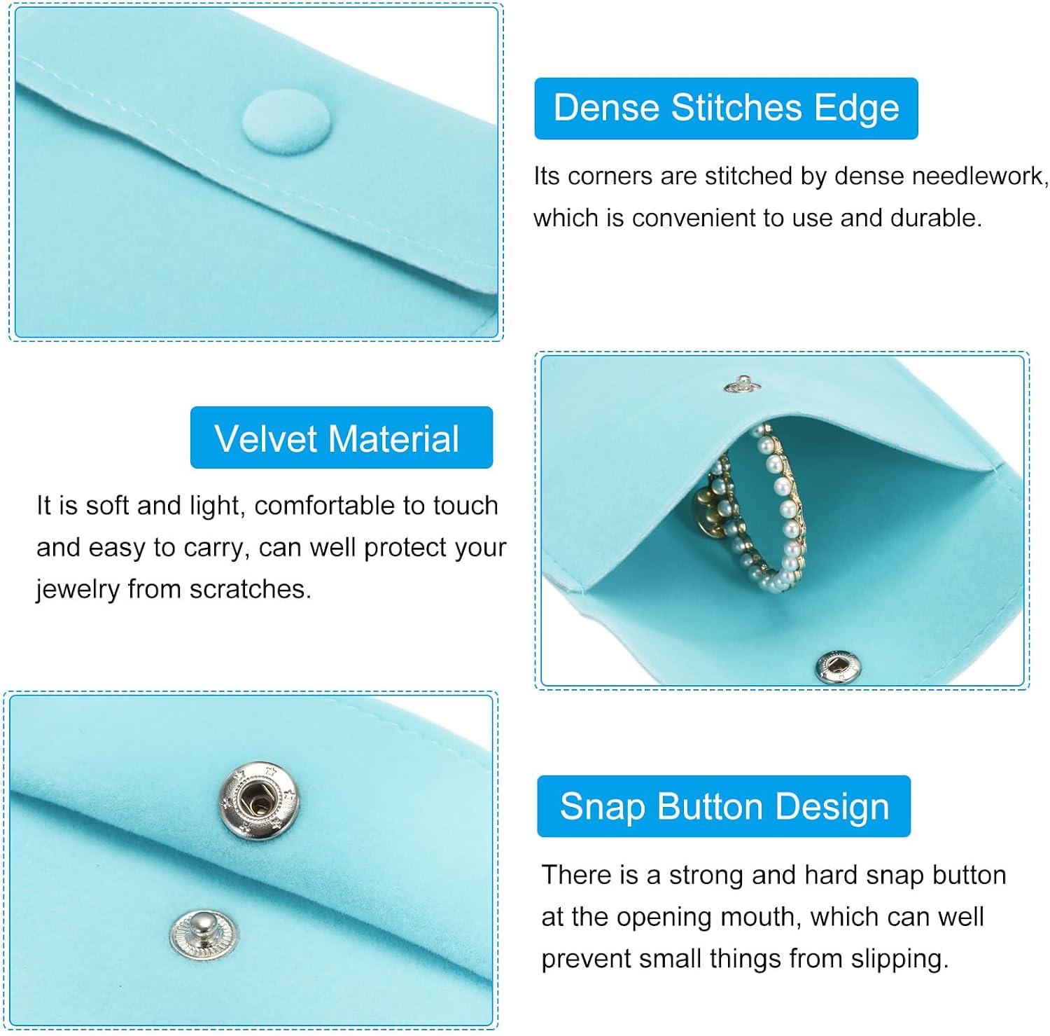 PATIKIL Jewelry Pouch, 2 Pack Soft Velvet Pouches with Snap Button Portable Storage for Rings Necklace Bracelet Earring Watch, Light Cyan(3.4x3.4, 5x5) image 3