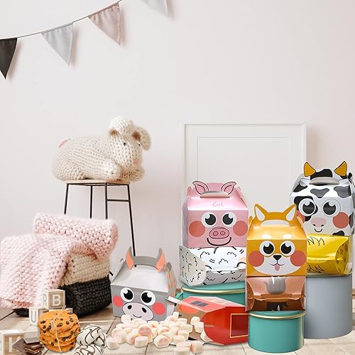 Miniatura 8 de Paquete de 24 cajas de recuerdo de fiesta de animales de granja, cajas de regalo de dulces para fiestas de cumpleaños de niños, 8 diseños