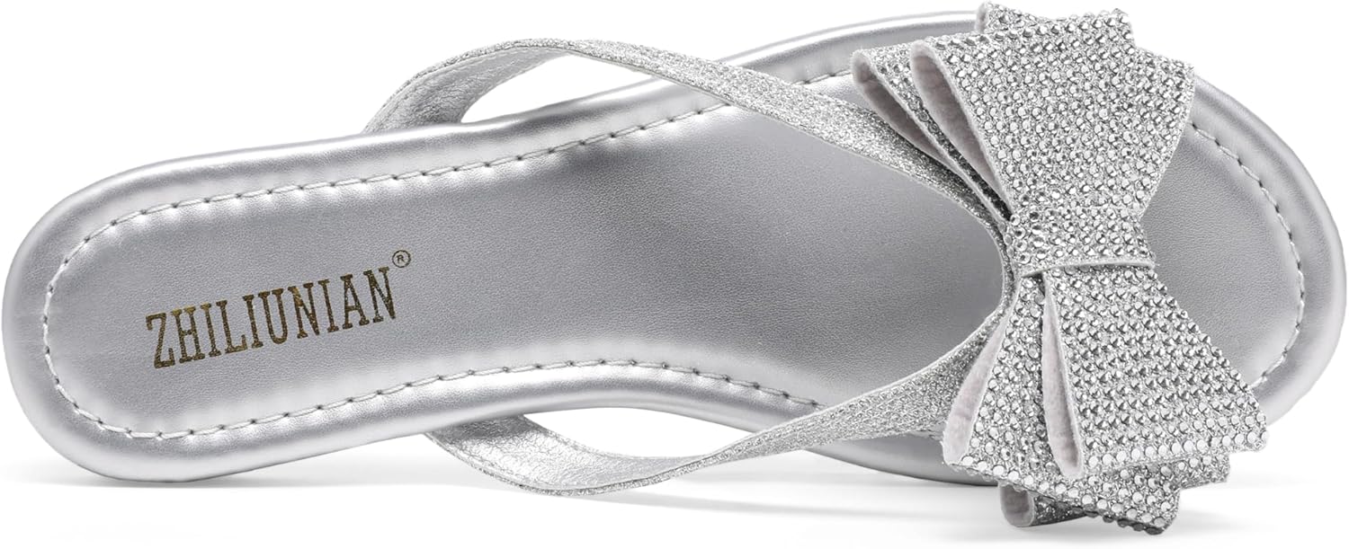 Womens Flat Bow Sparkly Flip Flop Sandals,Ladies Rhinestones Comfortable Thong Slide Dressy Casual Cute Trendy Vacation Beach Slip on Glitter Slippers Shoe