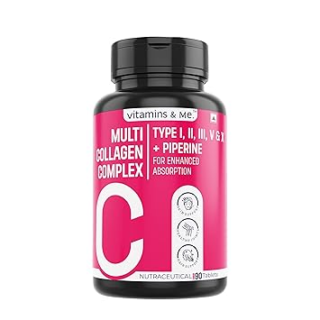 Multi Collagen Complex with Type I, II, III, V & X + Piperine by Vitamins & Me, 90 Tablets, best Hydrolyzed Peptides With 5 Types of Collagen Powder supplements for men and women - image, photos