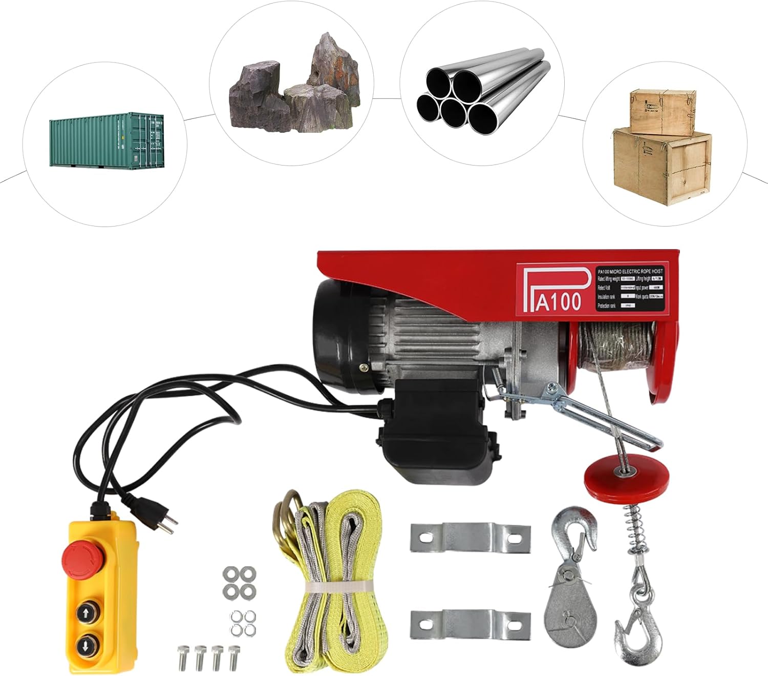 220lbs Electric Hoist, Electric Lift, Electric Winch, 110V Portable Electric Hoist w/Remote Control & Single/Double Slings for Lifting in Factories, Warehouses, Construction Site, Mine Filed