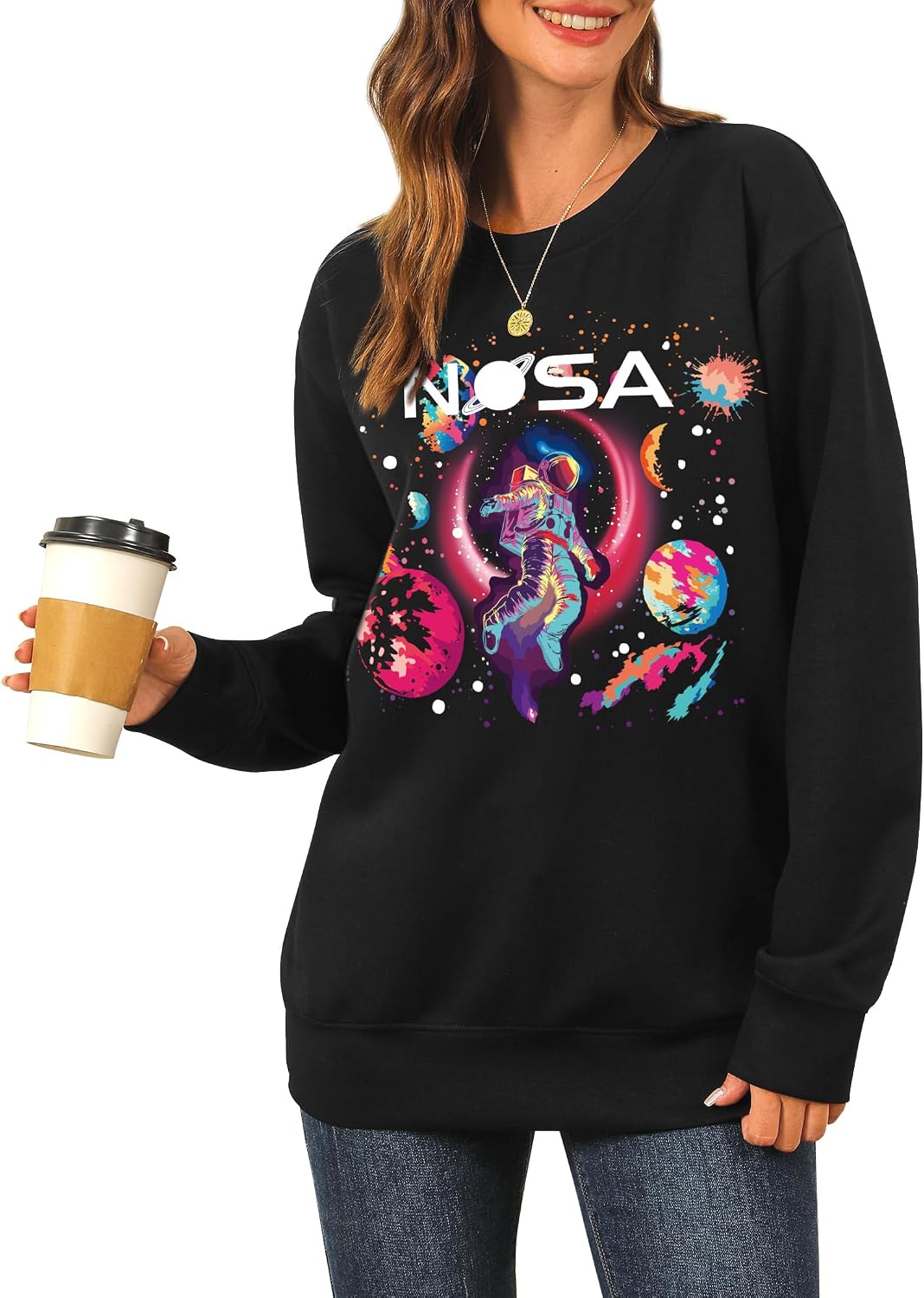Ezcosplay Women Space Astronaut Sweatshirt Universe Planet Galaxy Graphic Pullover Tees Funny Sci-Fi Shirt Outfit