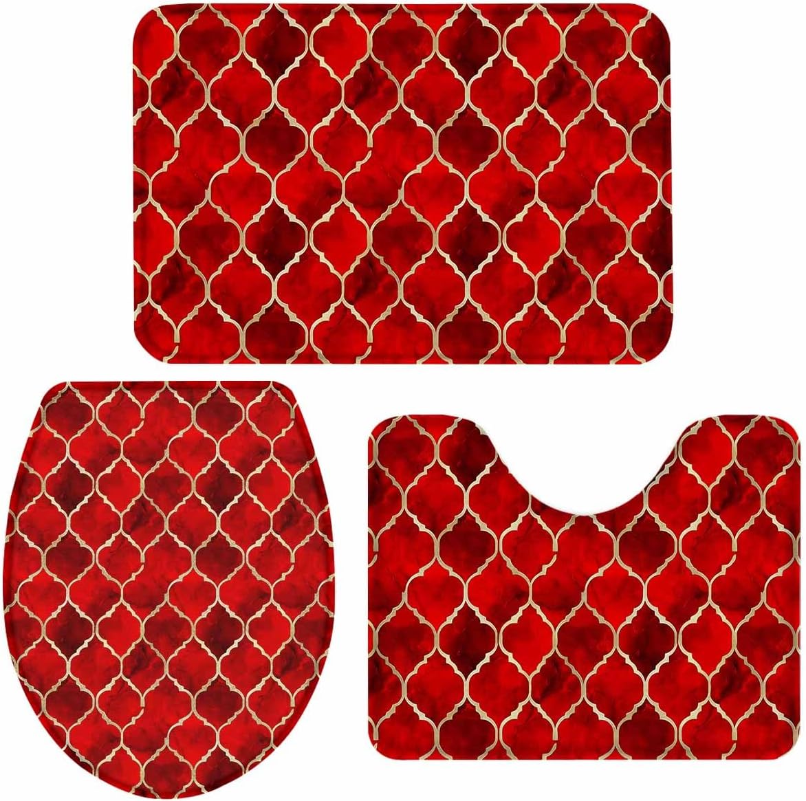 Marble Red Morocco Bathroom Rugs Mat Sets 3 Piece, Abstract Ombre Solid Color Gold Bath Shower Rugs with U-Shaped Contour Toilet Mat, Large Absorbent Bathtub Runner Rugs Floor Mats