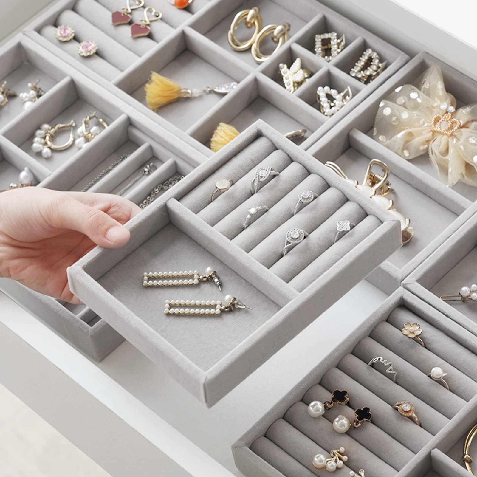 UMILKI 6pcs Organizador Joyas Cajones,Tamaños Diferentes Gavetas Apilables, de Terciopelo, Bandeja Joyas Para Guardar y Exhibir de para Arete
