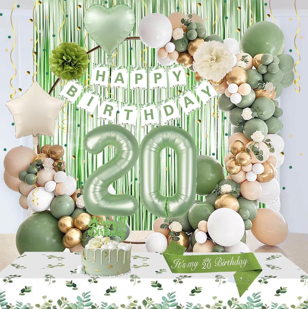 20th Birthday Decorations, Sage Green 20th Bday Decorations for Women Happy Birthday Banner Green Gold Balloons Crown Sash Fringe Curtain Tablecloth Cake Topper for Bday Decor - Image 5