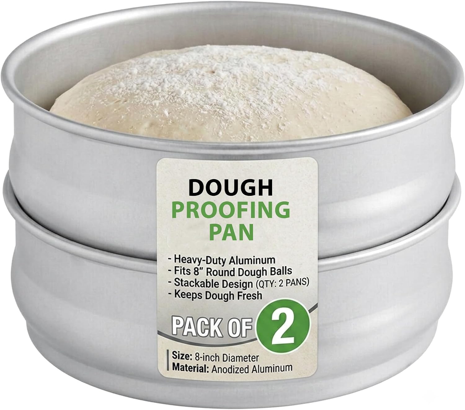 8 Inch Heavy-Duty Aluminum Dough Proofing Pans, Pack of 2, Stackable Round Pizza Dough Storage Containers, Commercial Dough Rising and Fermentation Pans for Bakery, Pizzeria and Restaurant Use