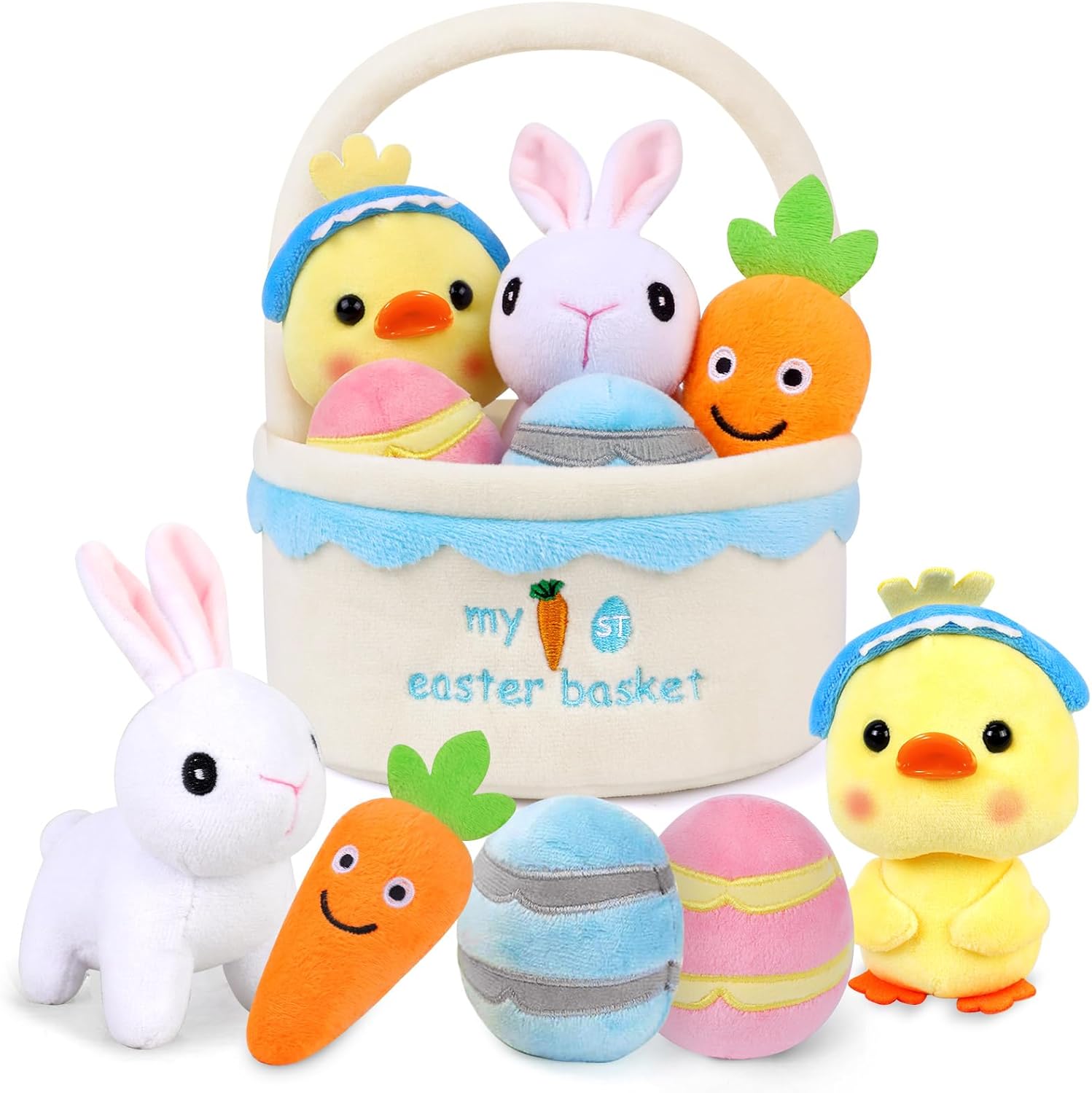 6 Pcs My First Easter Basket Plush Playset, Baby Easter Baskets for Kids Already Filled with Bunny Chick Egg Carrot, Easter Toys & Gifts for Baby Toddler Kids Boys & Girls