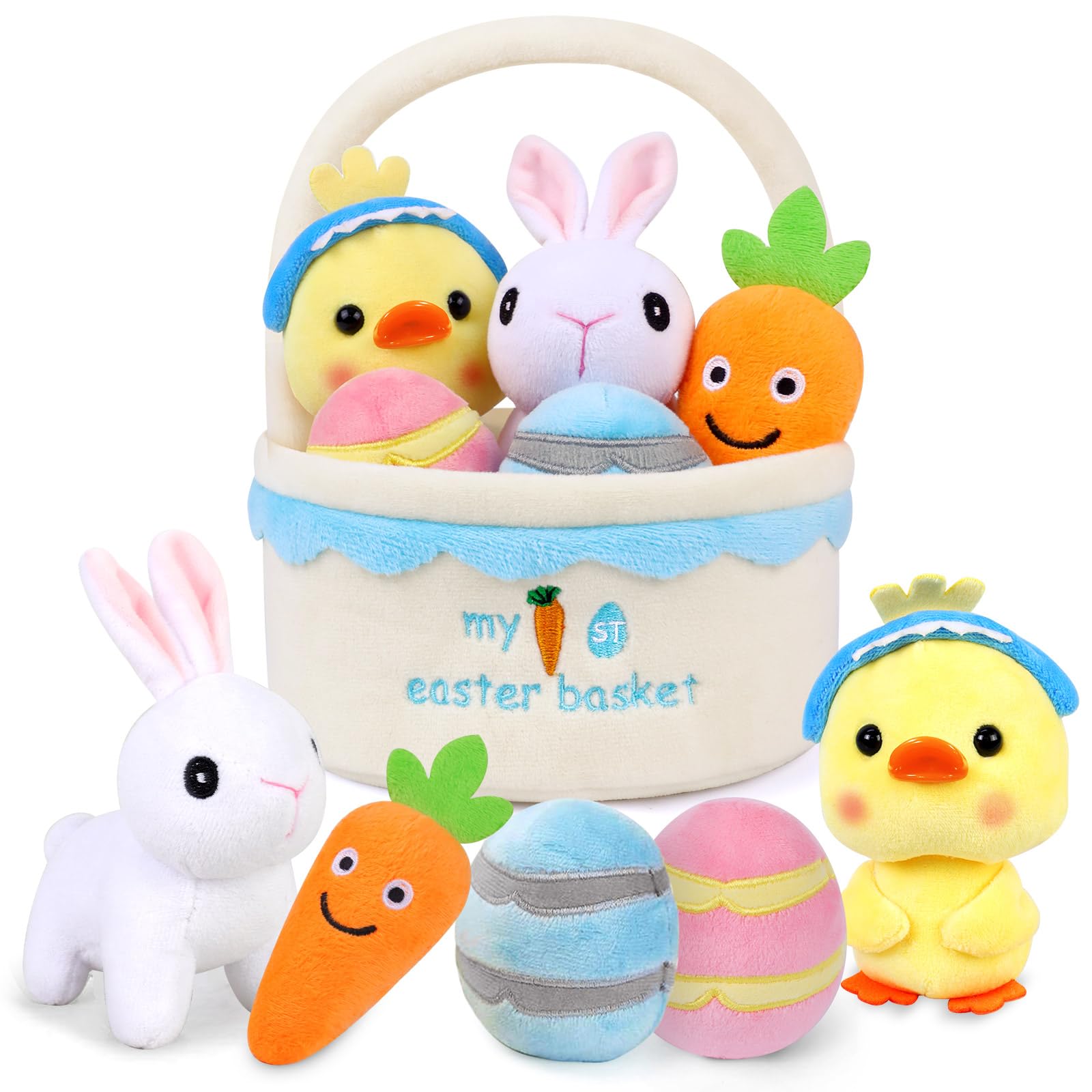 ZHZHHJMY 6 Pcs My First Easter Basket Plush Playset, Baby Easter Baskets for Kids Already Filled with Bunny Chick Egg Carrot, Easter Toys & Gifts for