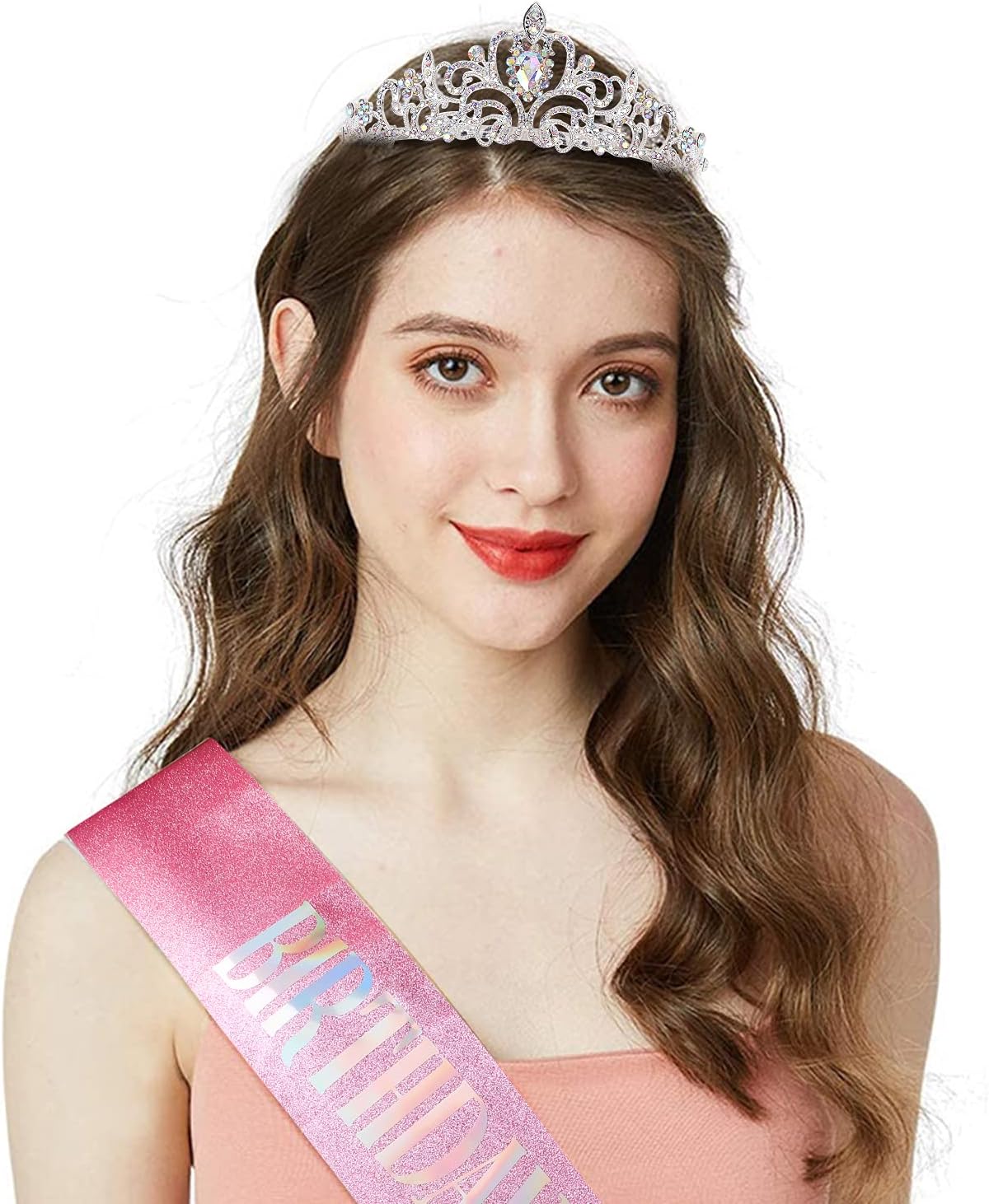 COCIDE Birthday Silver Tiara and Crowns for Women, Sash for Girls, Pink Birthday Decorations Set, Rhinestone Headband Hair Accessories, Glitter Sash for Party image 2