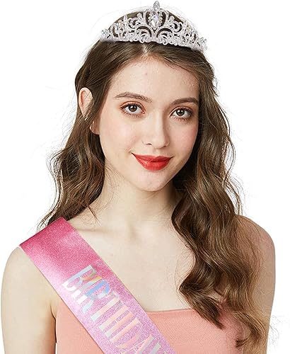 Miniatura 2 de Kit de banda y tiara de cristal de "Birthday Queen", tiara plateada y coronas para mujer, banda para niñas, juego de decoración de cumpleaños rosa,