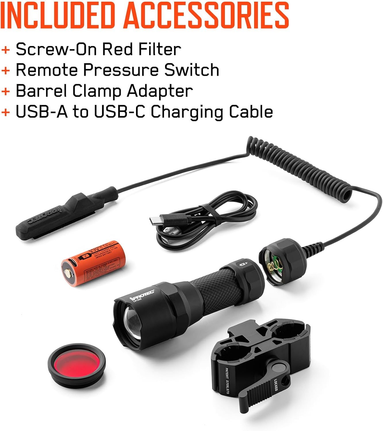 iProtec LG1200 Long Range Firearm Light | 1200 Lumens, 600 Meters, White & Red Light, Red Lens Filter, 4 Light Modes, Includes Universal Barrel or Scope Mount & Barrel Clamp Adapter, Compact
