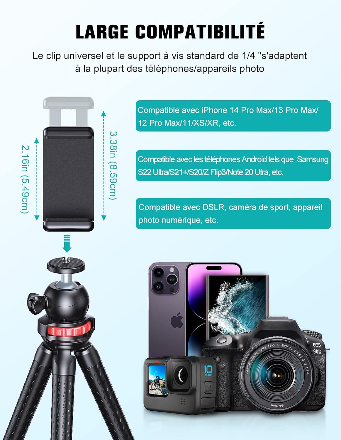 CIRYCASE Flexible Mini Tripod showing compatibility with various smartphones, DSLR cameras, and GoPro, along with dimensions for phone clip.