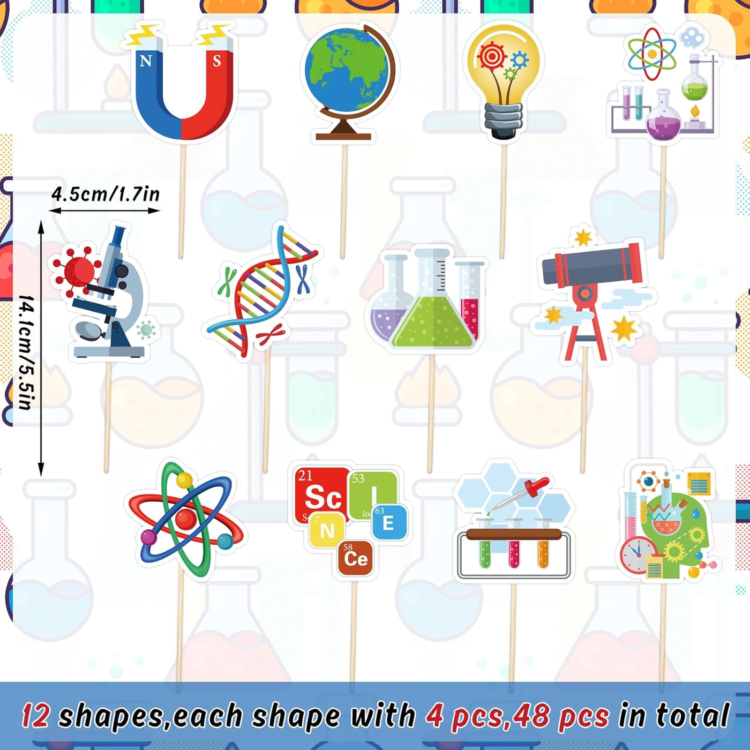 Whaline 48Pcs Science Party Cupcake Toppers Cartoon Cupcake Dessert Topper Picks Cupcake Decoration for Baby Shower Birthday Party Decoration Supplies