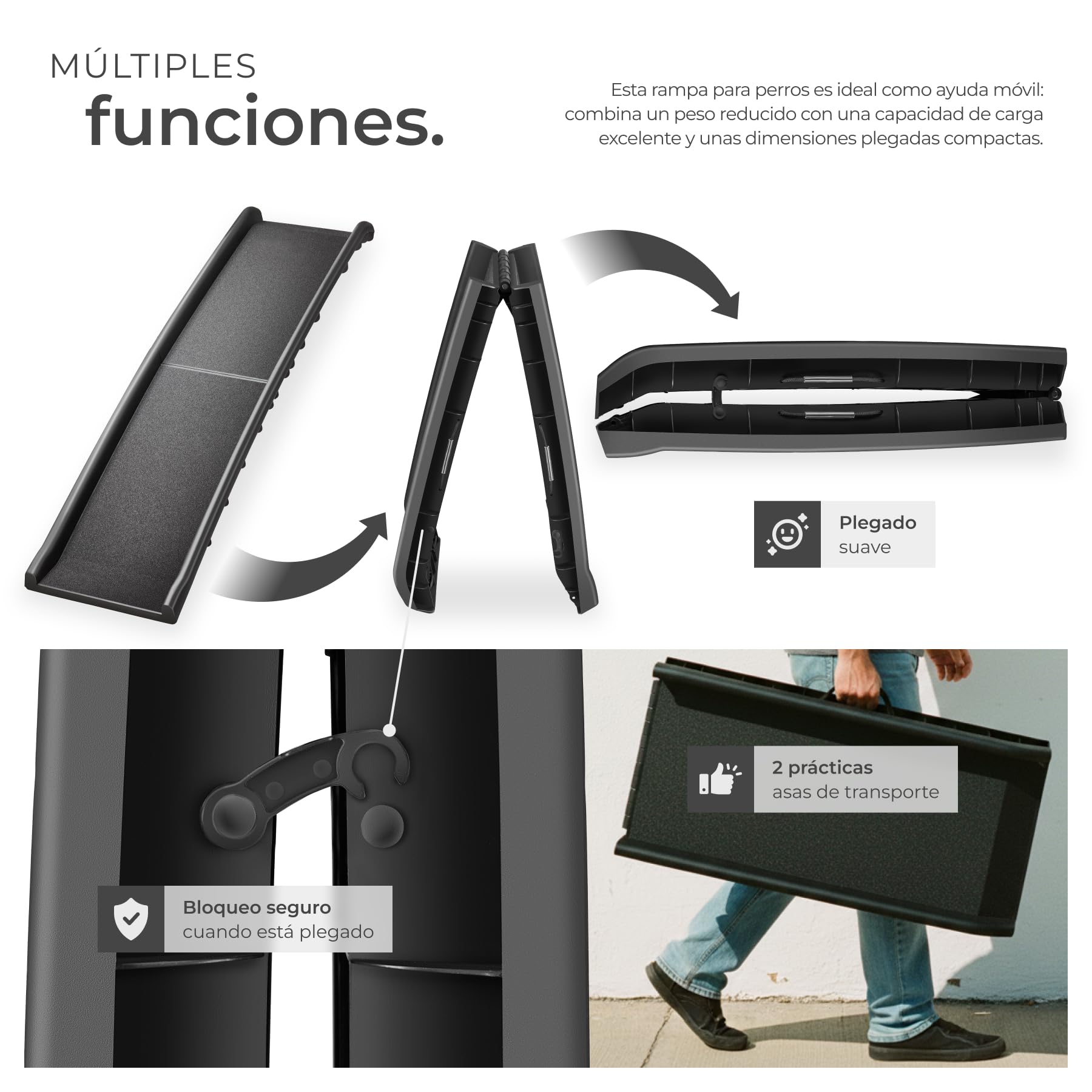 tectake® Rampa para Perros Plegable y Antidelizante, Rampa de Coche para Perros hasta 90kg, con Correas para Transporte y Carriles Guía, Resistente, para Cama y Sofá, Escalera para Perros, 155x40x14cm
