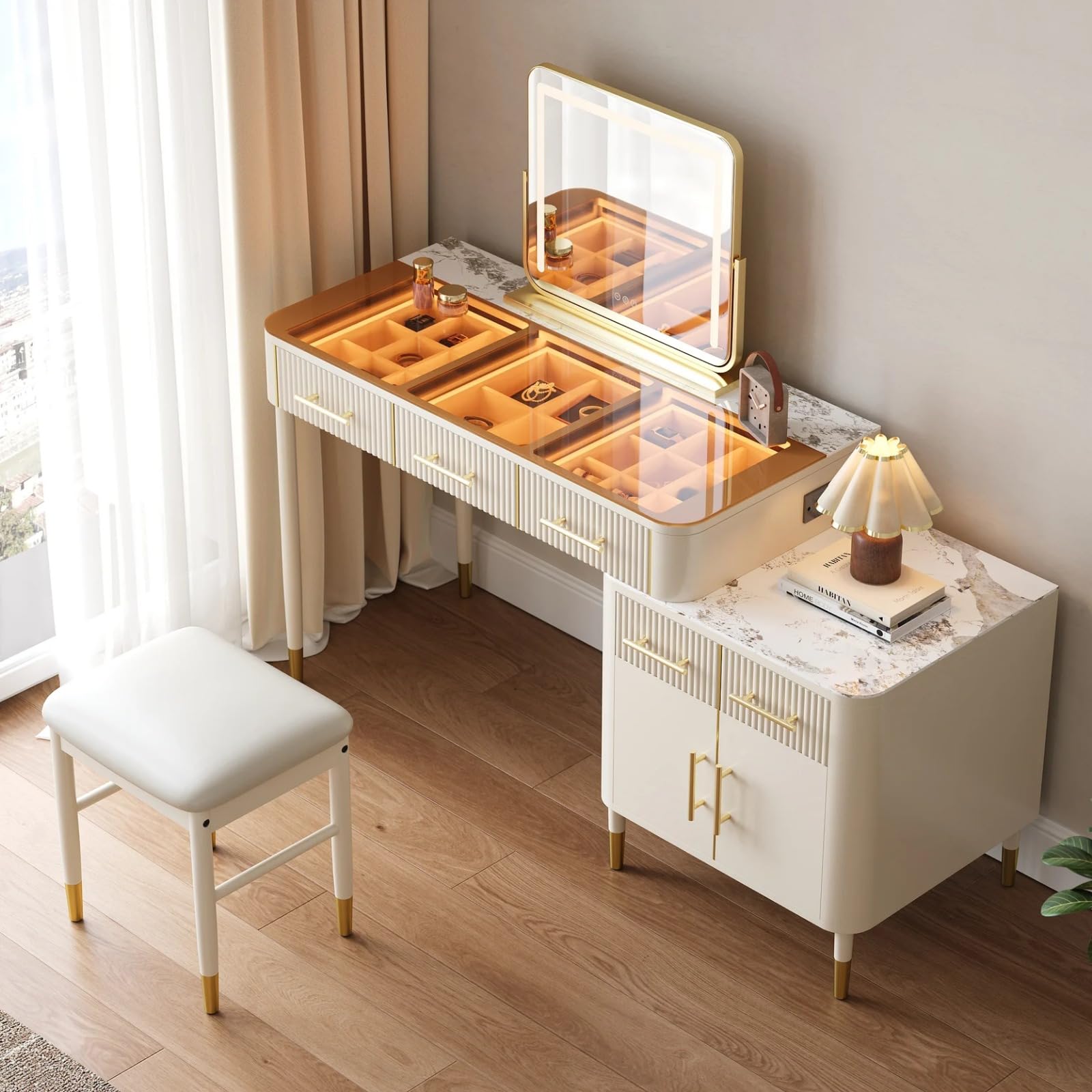 NG Decor White Glass Sintered Stone Top Makeup Vanity Set with Mirror-image-4