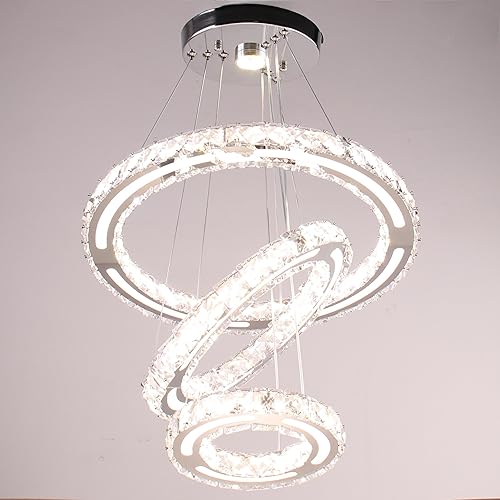 Miniatura 8 de CXGLEAMING Candelabros de cristal modernos de 3 anillos regulables, lámpara colgante LED para cocina, comedor, sala de estar, dormitorio (con