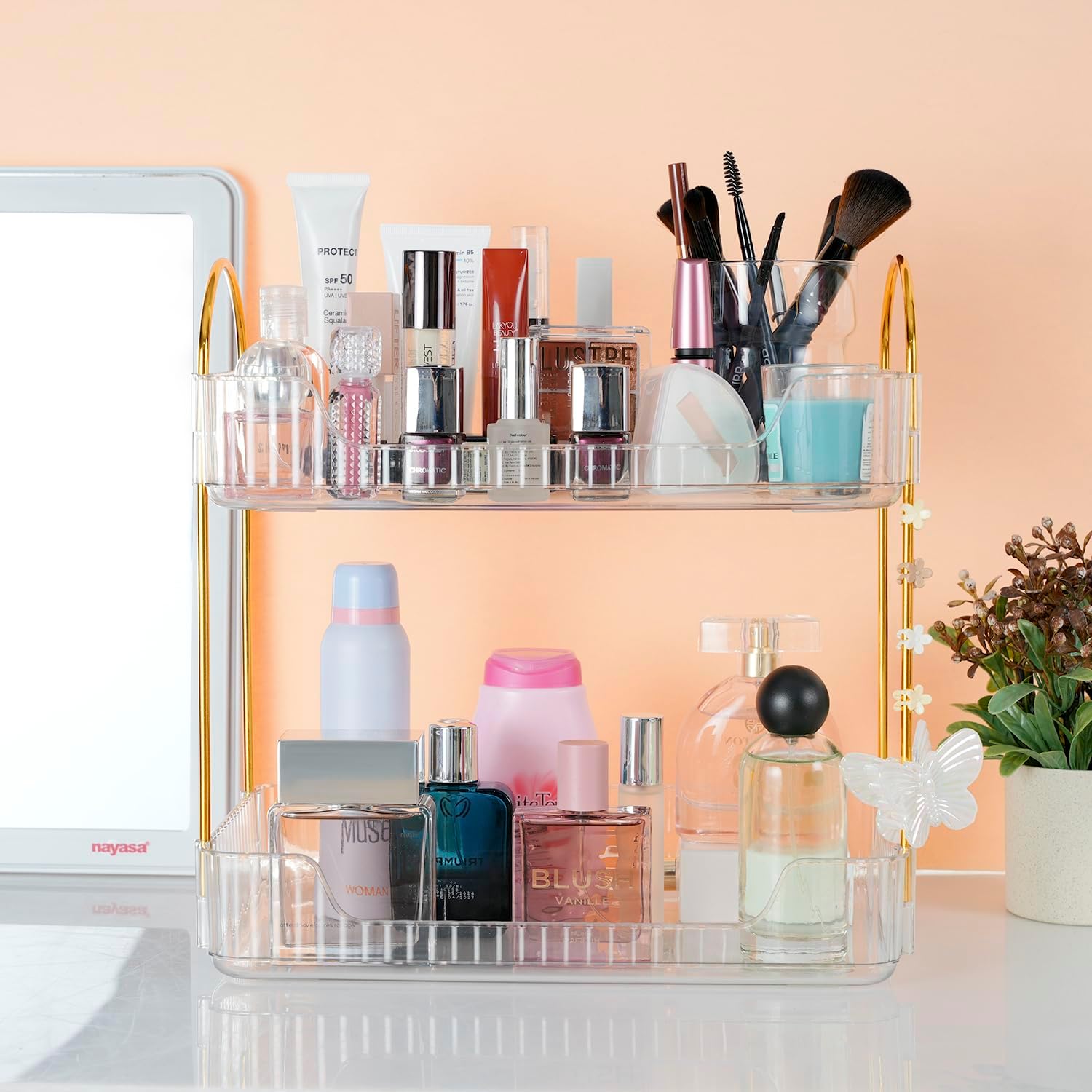 Nayasa Plastic Makeup Organizer Small | Two Tier Vanity Organizer | Make-up, Cosmetic, Jewellery, Skincare Storage Box | Multipurpose Storage Rack| Bathroom, Bedroom, Dressing Table | Clear