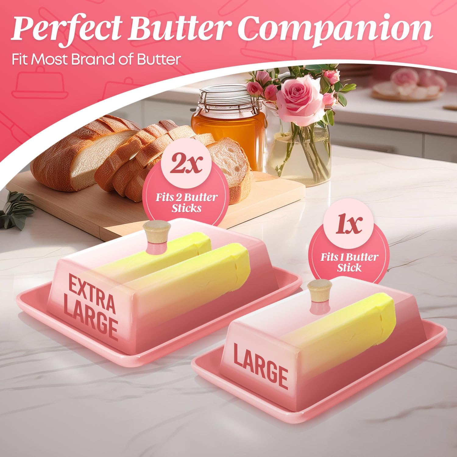 Flexzion Beurrier Européen Rose en Céramique avec Couvercle pour Plan de Travail (18 cm) - Boîte Large Double Pour 2 Bâtonnets de Beurre, Conteneur de Fromage à la Crème