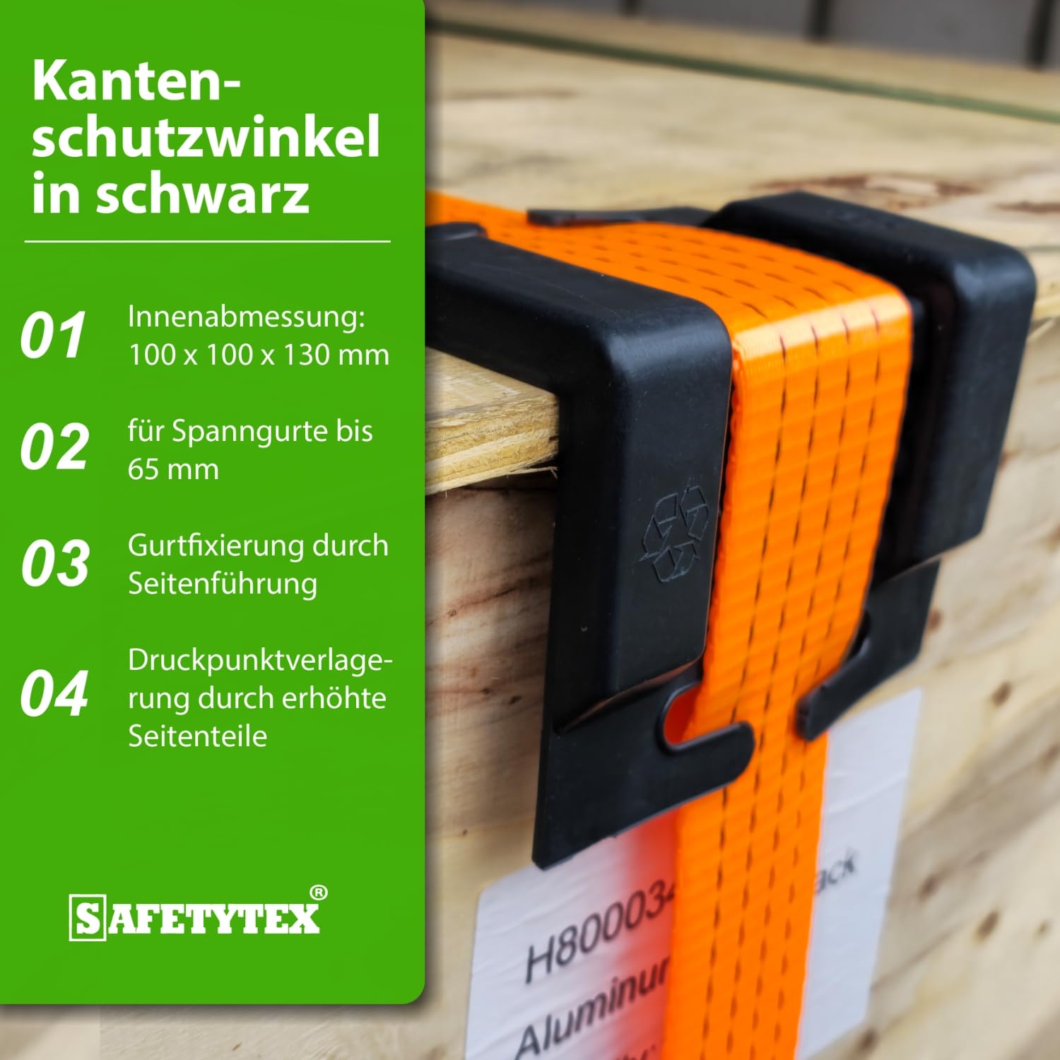 Safetytex Kantenschutzwinkel aus Kunststoff - Stabiler Schutz für Ihre Ware - Für Spanngurte bis 65 mm - 100 x 100 x 130 mm - Gurtfixierung durch Seitenführung - Druckpunktverlagerung (50 Stück)