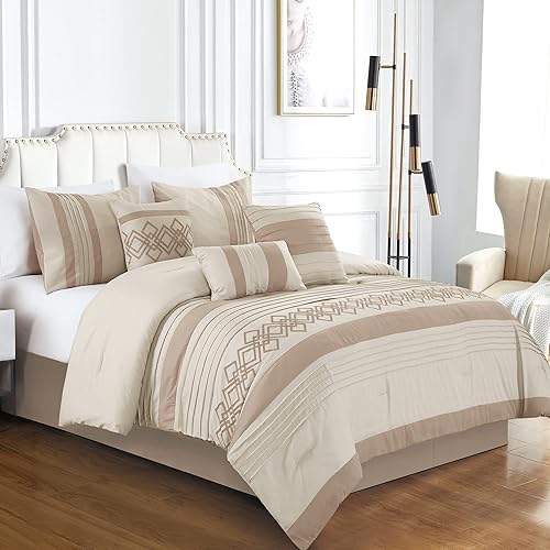 Chezmoi Collection Ariel - Juego de ropa de cama de 7 piezas con bordado geométrico de chenilla, plisado a rayas, tamaño matrimonial