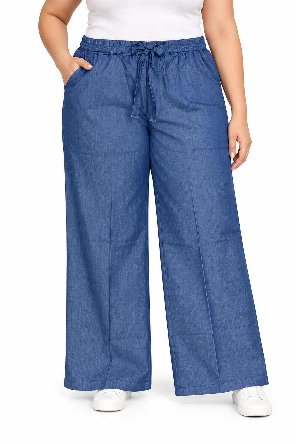 Women’s Blue Denim Palazzo Pants | Wide Leg Loose Fit Pants with Elastic Waist, Drawstring & Deep Pockets