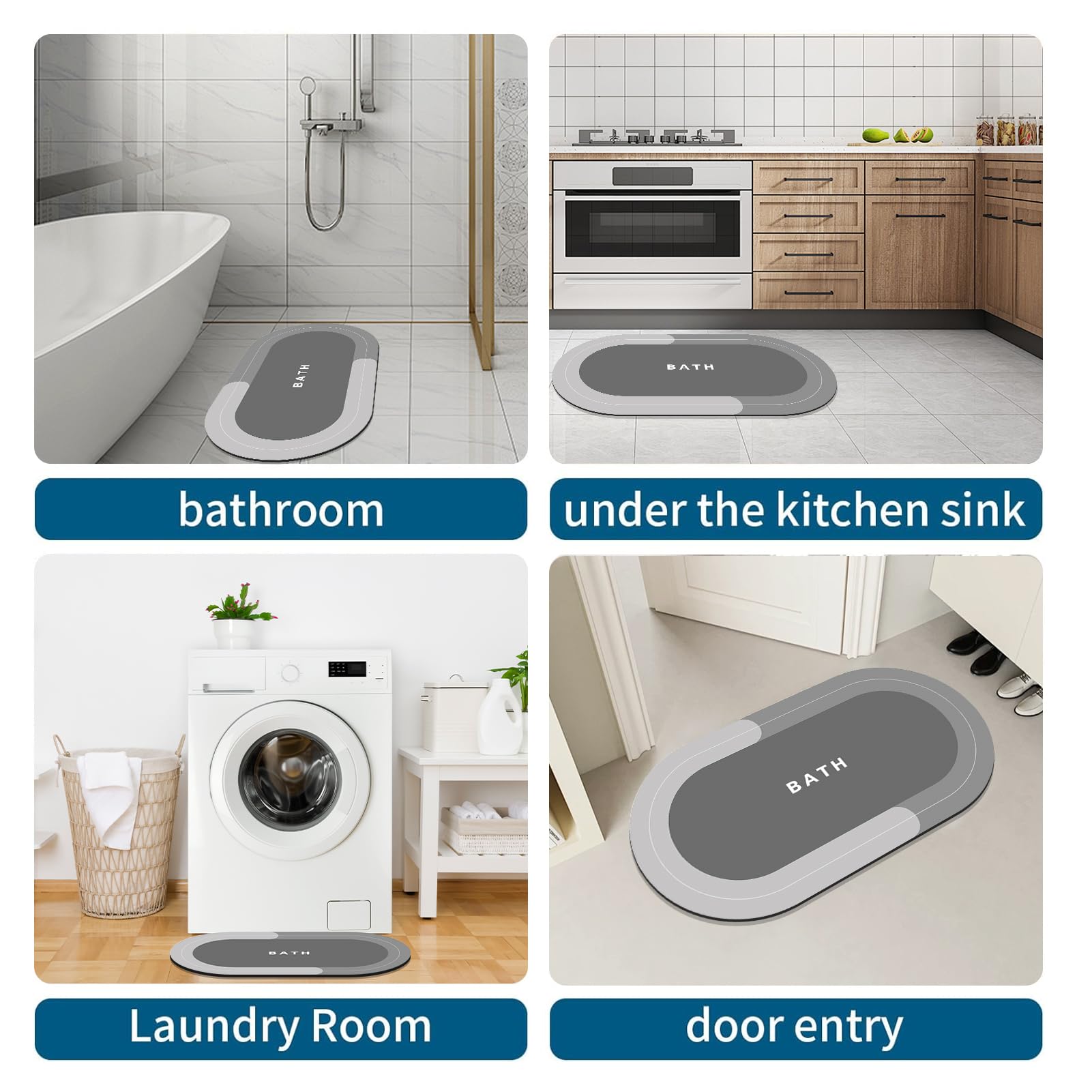 Dolic Badmat Badkamermatten Rubber Antislip Snel Drogende Dunne Mat voor Badkamer, Badkuip, Keuken (Light Grey 60 x 90 cm