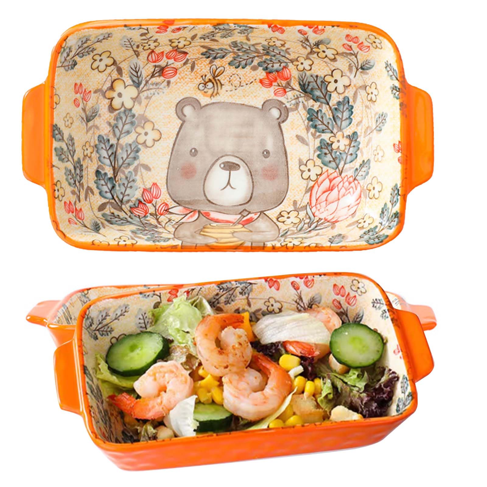 Small Ceramics Rectangular Baking Dishes with Handle for Oven and Microwave, Lasagna Casserole Pan, Non-stick Roasting Dish, Suitable for Soufflé, Caramel Pudding, Lasagna, Tiramisu, Pudding (Orange)