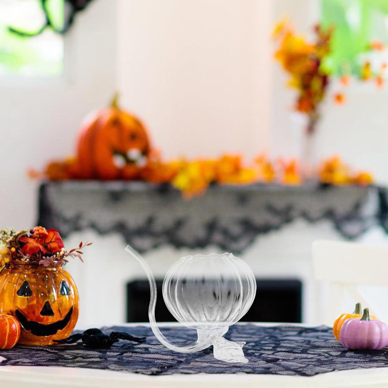 OSALADI Vampire Wine Sippy Cup Pumpkin Shape with Leaf Base, White Glass Cocktail Decanter for Halloween Party Barware, Novelty Juice and Cocktail Glassware