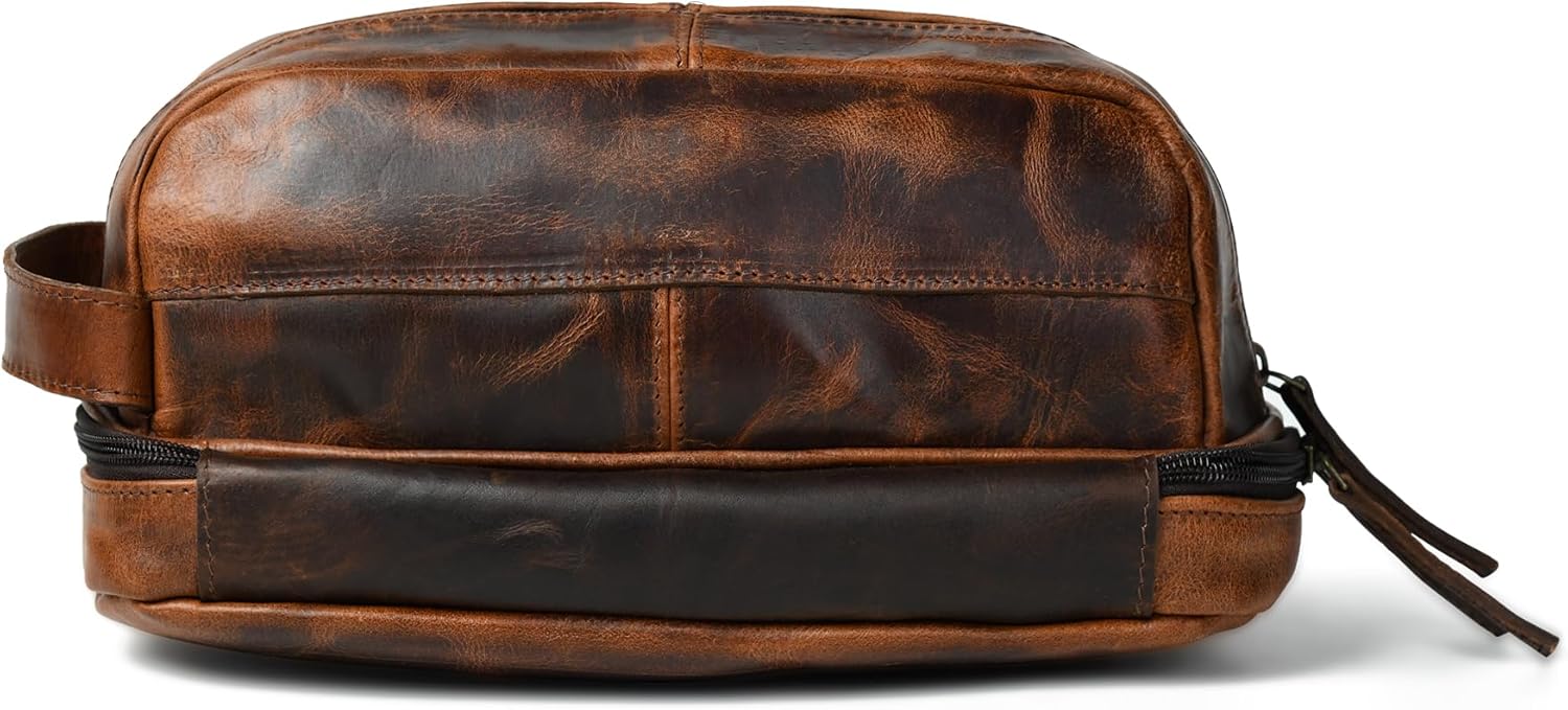 Leather Toiletry Bag – Full Grain Cowhide, Travel Kit with Brass Zipper & Wax Thread Stitching Capacity 1L