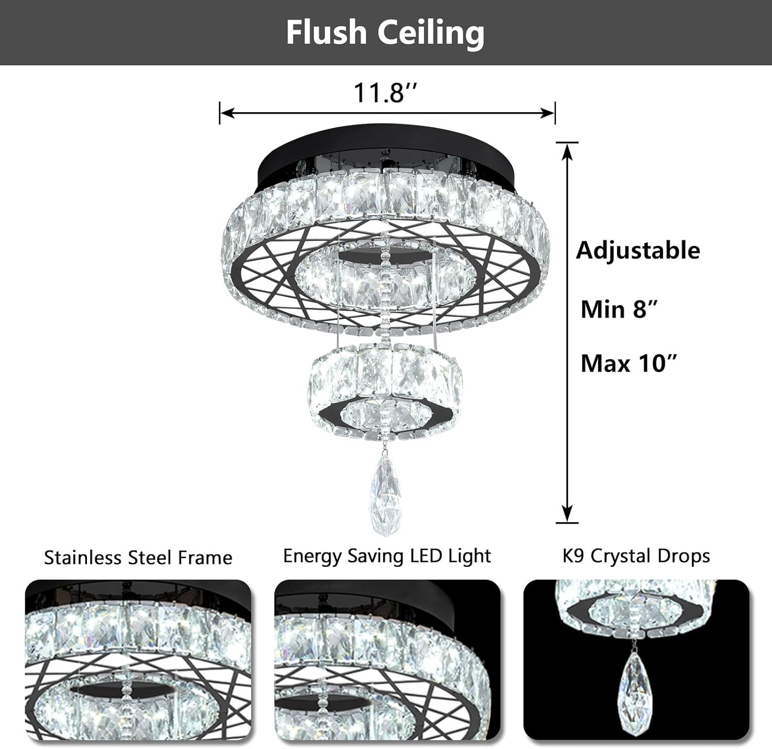HAIXIANG Modern Flush Ceiling Chandelier Bedroom Light Fixtures Crystal Flat Sloping Ceiling Lights for Hallway Kitchen Dining Room Dimmable Light with Remote Black