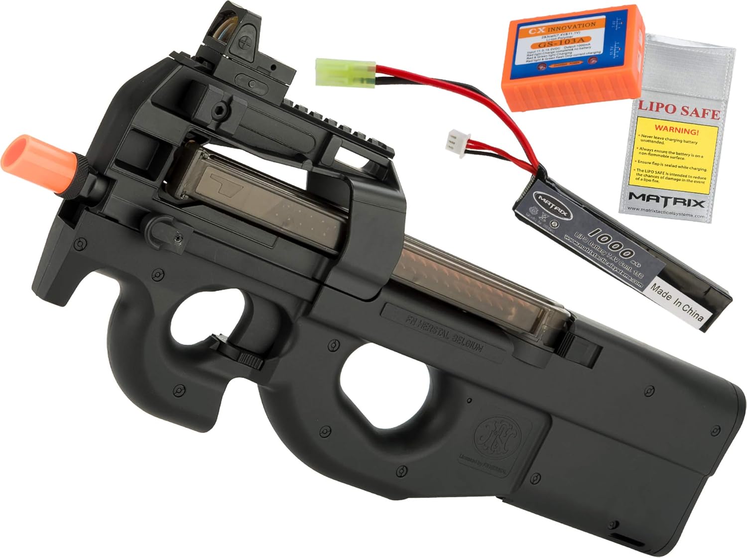 Evike Airsoft - FN Herstal Licensed P90 Full Size Metal Gearbox AEG Airsoft (Color: Black/Add 7.4v LiPo Battery + BMS Charger + LiPo Safe)