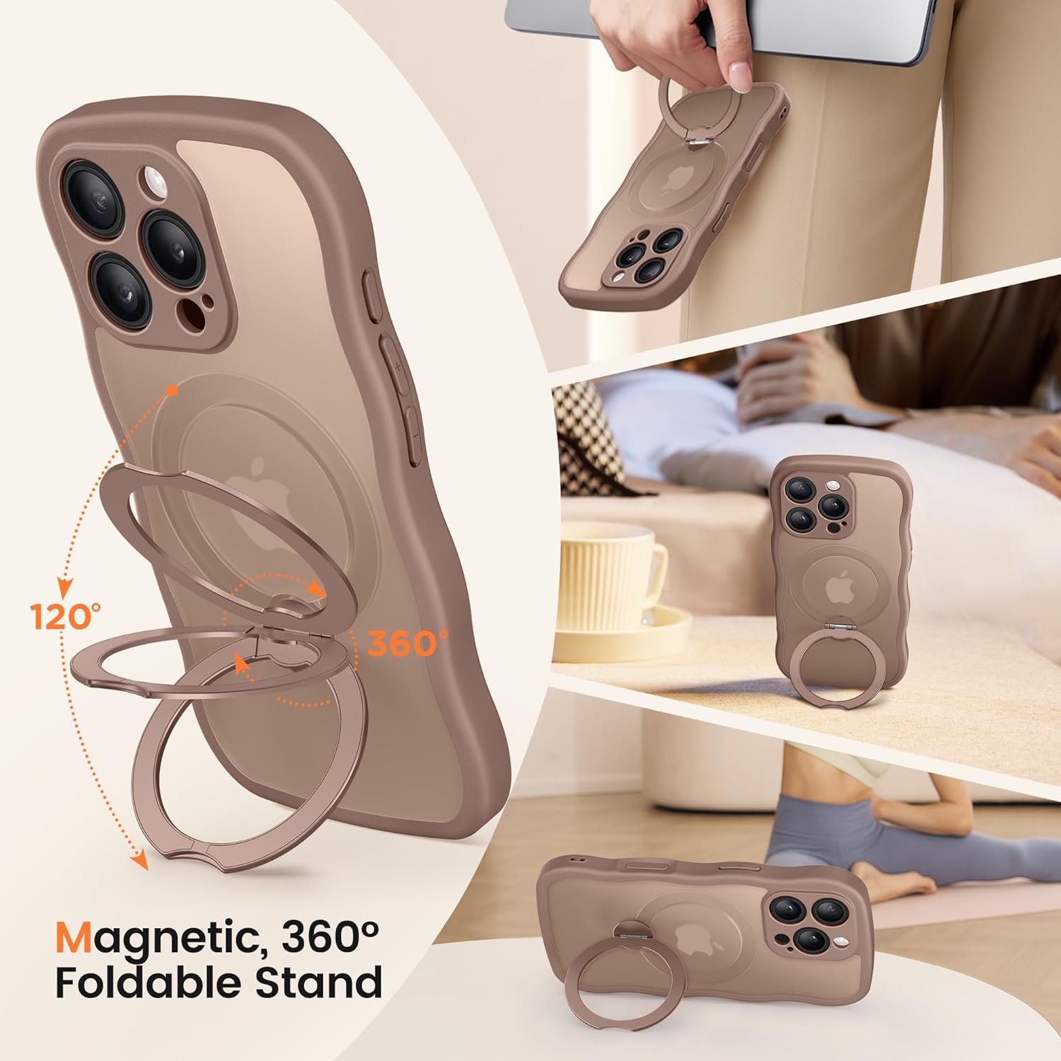 CAPRARO for iPhone 16 Pro Max Case with 360° Spin Magnetic Stand for Women, [Compatible with MagSafe] [Full Camera Protection] Cute Wave Translucent Matte Case for iPhone 16 Pro Max, Brown - Image 5