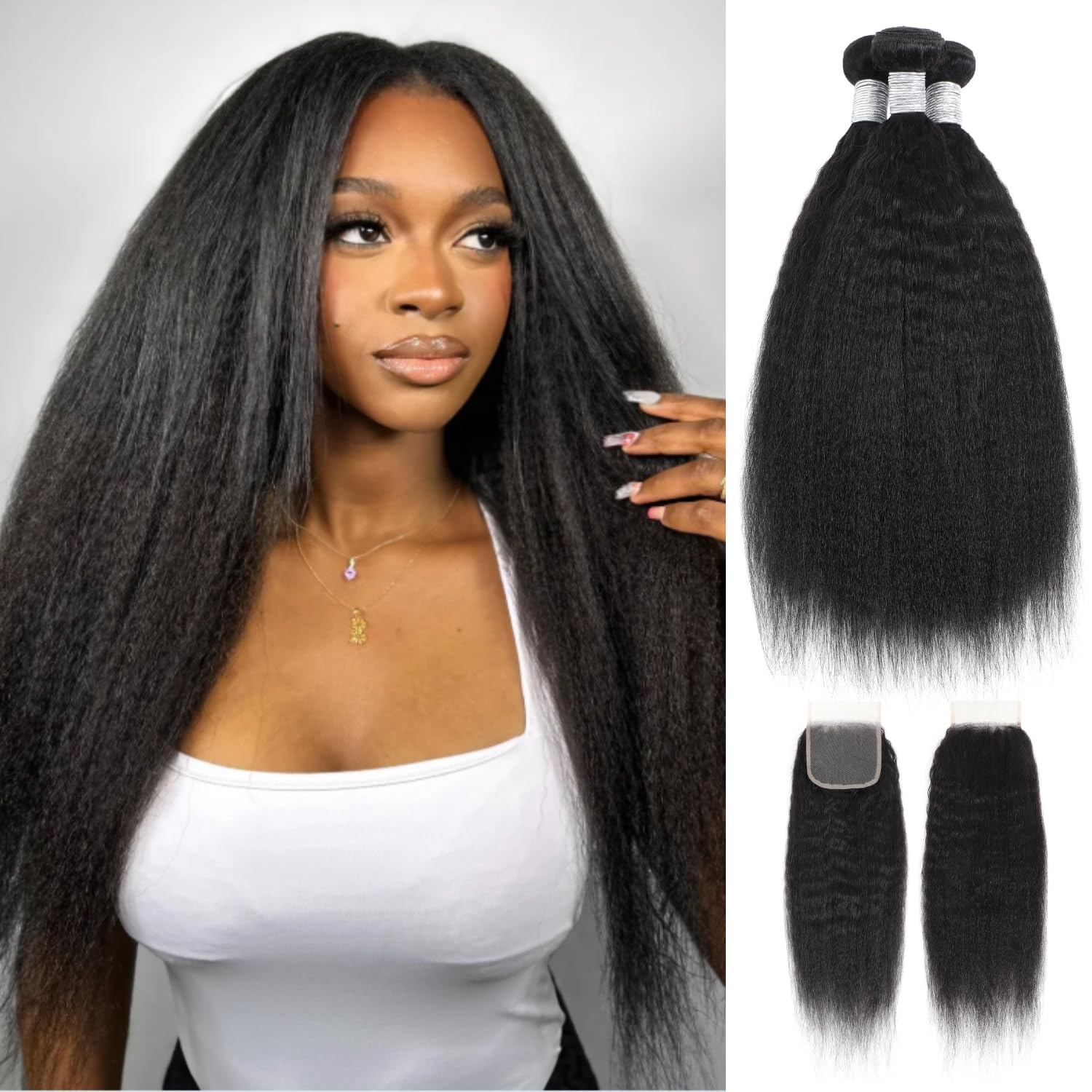 Yaki Straight Bundles with 4X4 Closure Human Hair, 12A 100% Kinky Straight Real Human Hair 3 Bundles with 4x4 HD Lace Closure Free Part Light Yaki Straight Hair Bundles Natural Color 10 12 14+10