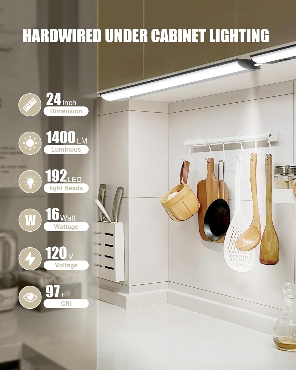 Hardwired Under Cabinet Lighting, 24 inch LED Under Counter Lights for Kitchen, CRI 97, 120V, 16W, 1400Lm 3CCT Dimmable Linkable Under Cabinet Lights with Power Cord and Linked Cord, Black