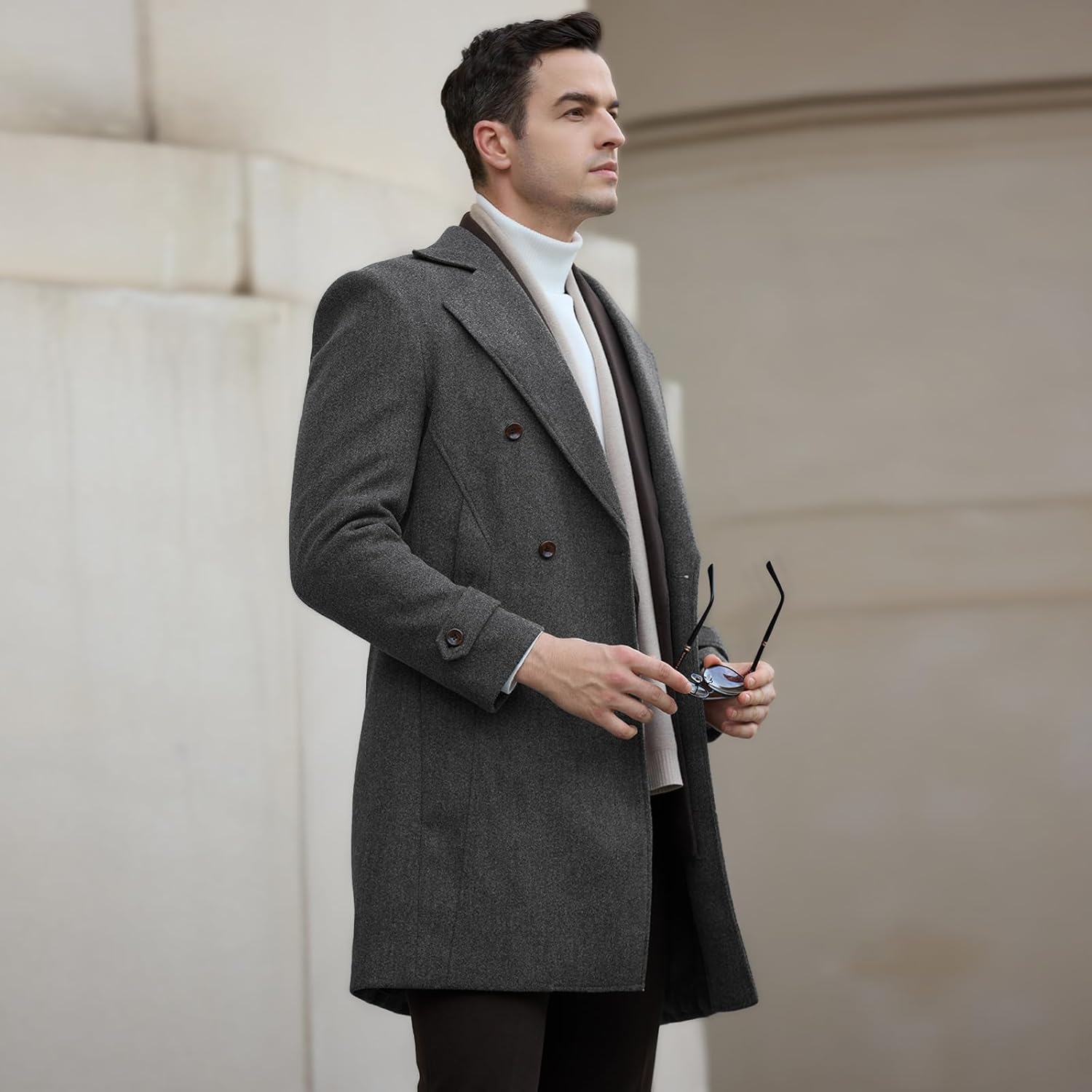 Mens Trench Coat Slim Fit Pea Coats Double Breasted Winter Wool Jackets Notched Lapel Collar Overcoat - Image 5